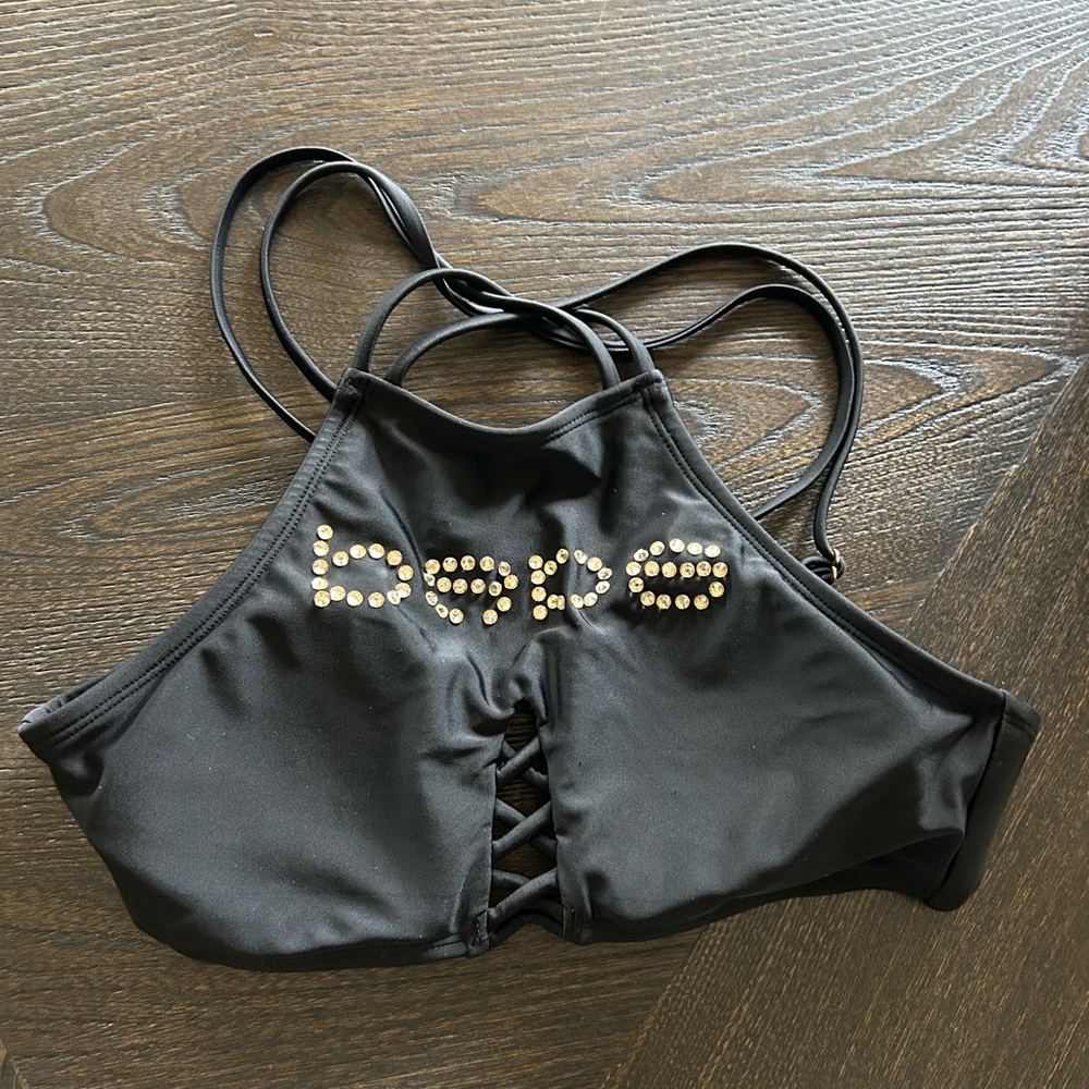 Black Bebe Halter Top with Rhinestone Logo